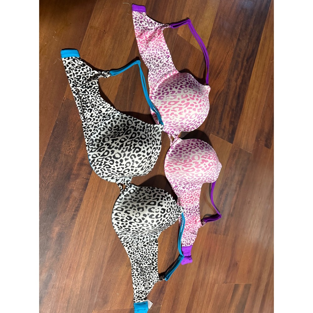 Victoria's Secret Perfect Coverage Bra Set 2 Leopard Animal Print 36D Pink Blue